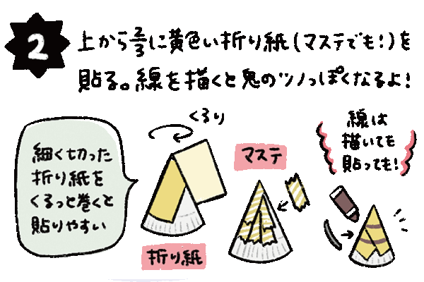 上から2/3に黄色い折り紙（マステでも！）を貼る。線を描くと鬼のツノっぽくなるよ！
