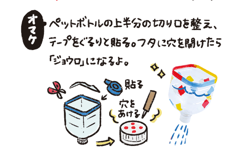 ペットボトルの上半分の切り口を整え、テープをぐるりと貼る。フタに穴を開けたら「ジョウロ」になるよ。