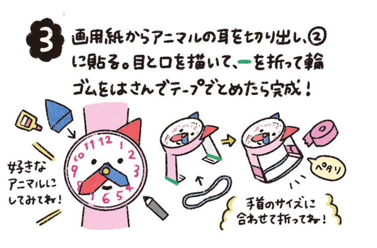 画用紙からアニマルの耳を切り出し、2に貼る。目と口を描いて、緑の線を折って輪ゴムをはさんでテープでとめたら完成!