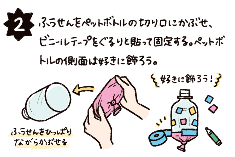 ふうせんをペットボトルの切り口にかぶせ、ビニールテープをぐるりと貼って固定する。ペットボトルの側面は好きに飾ろう。