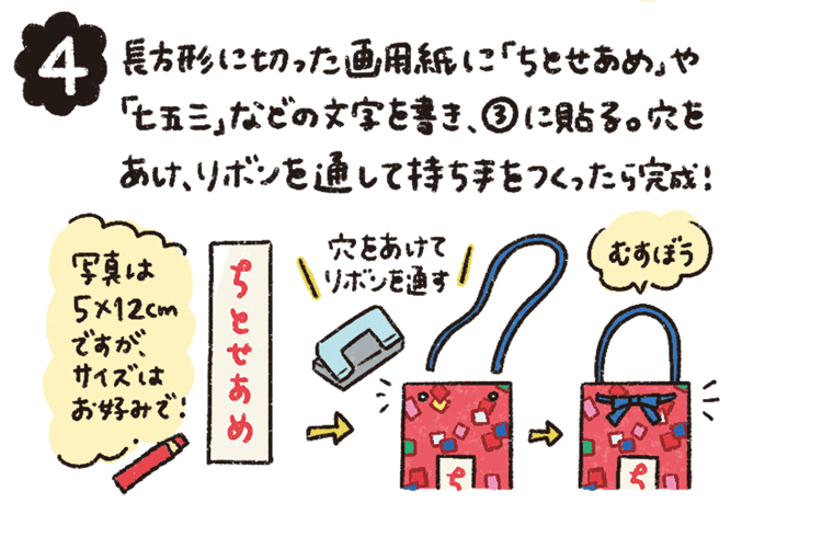 長方形に切った画用紙に「ちとせあめ」や「七五三」などの文字を書き、③に貼る。穴をあけ、リボンを通して持ち手をつくったら完成！